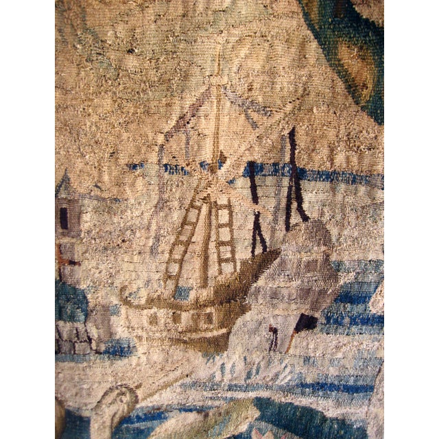 Flemish Verdure Tapestry Two Herons Eating a Frog , Fantasized Giraffe and Boat , Circa 1700 For Sale - Image 15 of 18