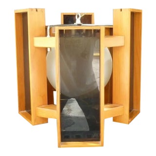 1970's Mod Architectural Graduated Wood and Lucite Panel Chandelier For Sale
