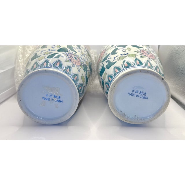 Pair of Vintage Chinese Hand Painted Floral Chinoiserie Vases For Sale - Image 11 of 11