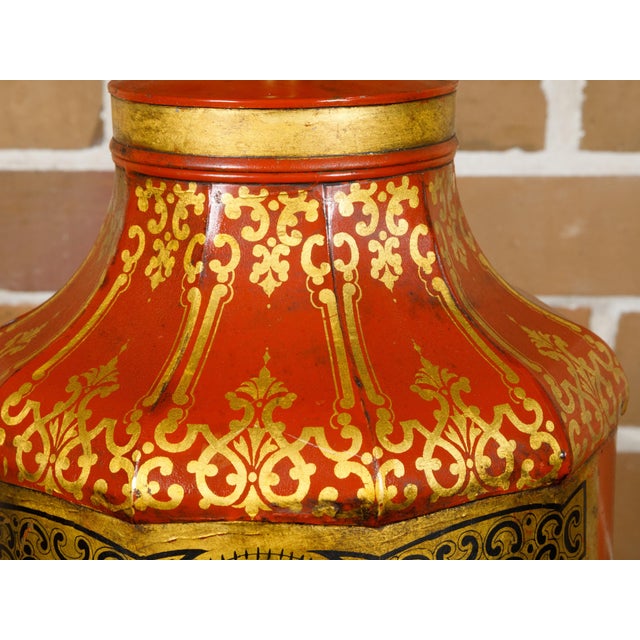 Gold 19th Century English Chinoiserie Tea Tin Red and Gold Canister Made into a Table Lamp For Sale - Image 8 of 11