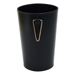Mid-Century Black Leather & Brass Wastepaper Basket attributed to Carl Auböck, Austria, 1950s For Sale