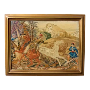 Antique Tapestry Orientalist Scene "Capturing Wild Arabian Horses" Dated 1852