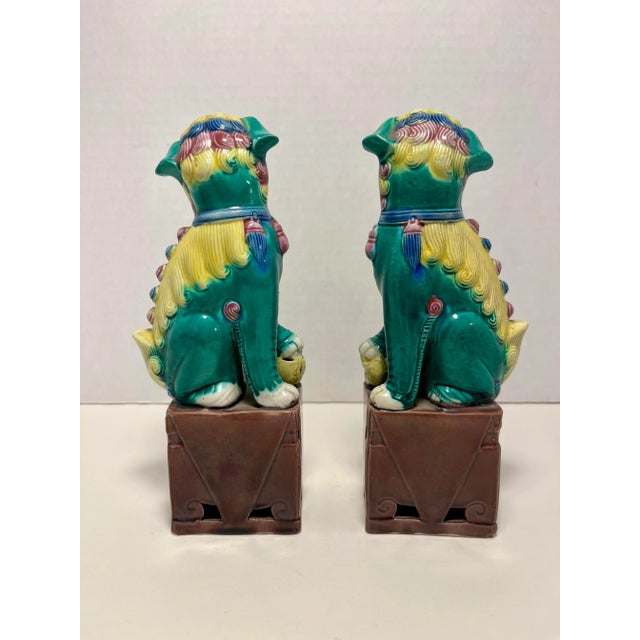Chinese Pair of Vintage Chinese Hand Painted Glazed Pottery Foo Dogs, Marked For Sale - Image 3 of 8
