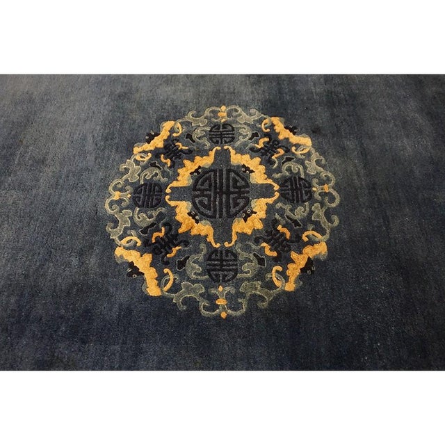 1900s Blue Traditional Shou Symbols Medallion Antique Peking Chinese Knotted Rug For Sale - Image 9 of 10