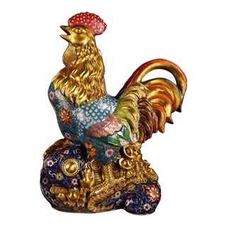 Late 20th Century Gilt Bronze Cloisonné Enamel Rooster Figure With Coin Motif For Sale