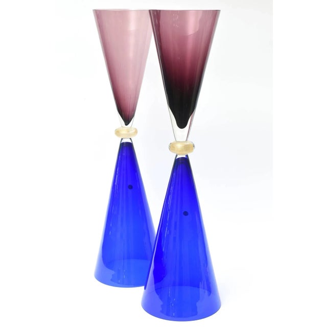 Modern Vintage Seguso for Oggetti Monumental Murano Italian Glass Sculptures or Vases Pair of Purple, Royal Blue For Sale - Image 3 of 11