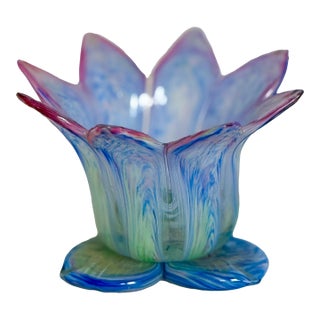Vintage Hand-Blown Lotus Flower Art Glass Candle Holder For Sale
