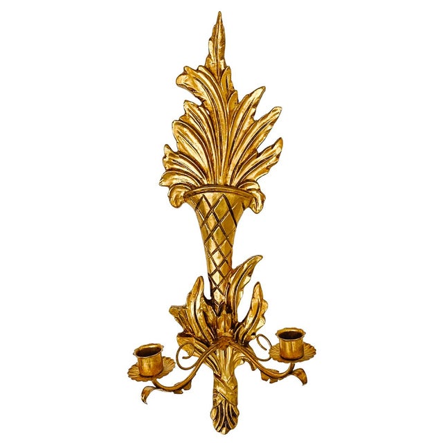 Pair of 1960s Italian rococo / late baroque style giltwood wall candlestick holders, each with a two-arm gilded tole...