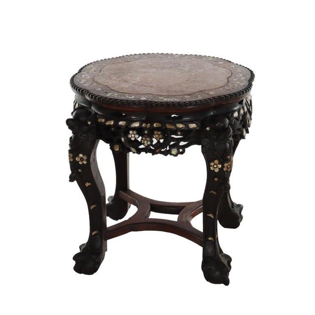 1920s Chinese Floral Carved Rosewood Rouge Marble Top Stand With Mother of Pearl Inlay For Sale - Image 4 of 12