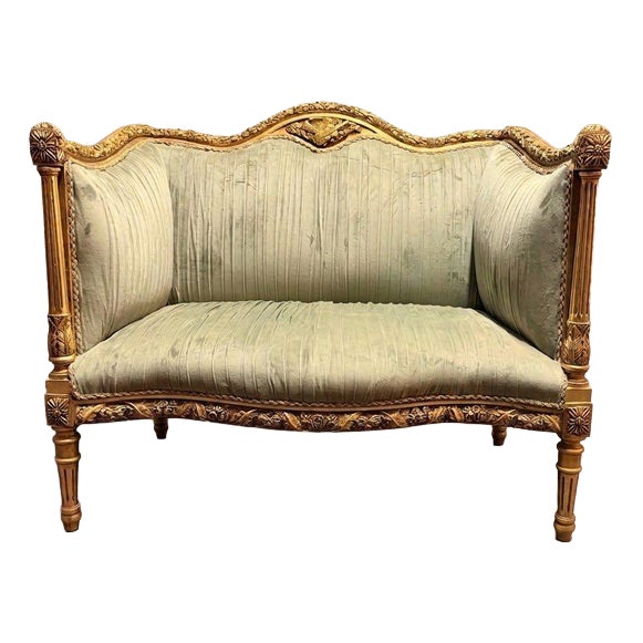 Louis XVI Style Carved Giltwood and Green Velvet Sofa For Sale