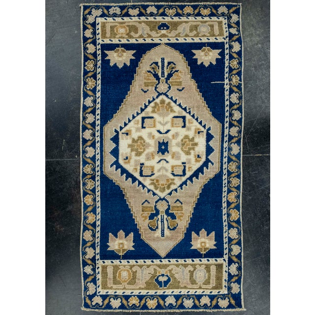 Blue Turkish Mini Rug Oriental Hand Knotted Vintage Rug 1'11" x 3'8" #16643 For Sale - Image 8 of 8