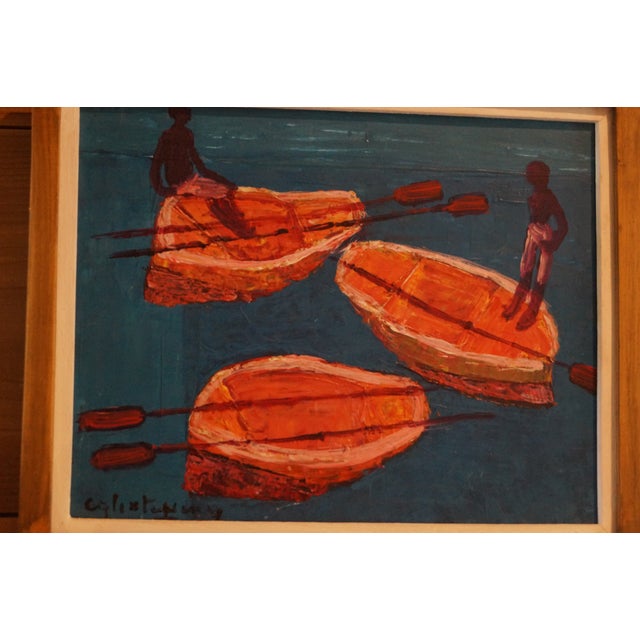 Contemporary Calixte Henri Haitian Painting of Boys in Boats For Sale - Image 3 of 10