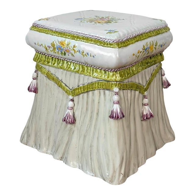 Vintage Italian Majolica Porcelain Ottoman Garden Stool For Sale