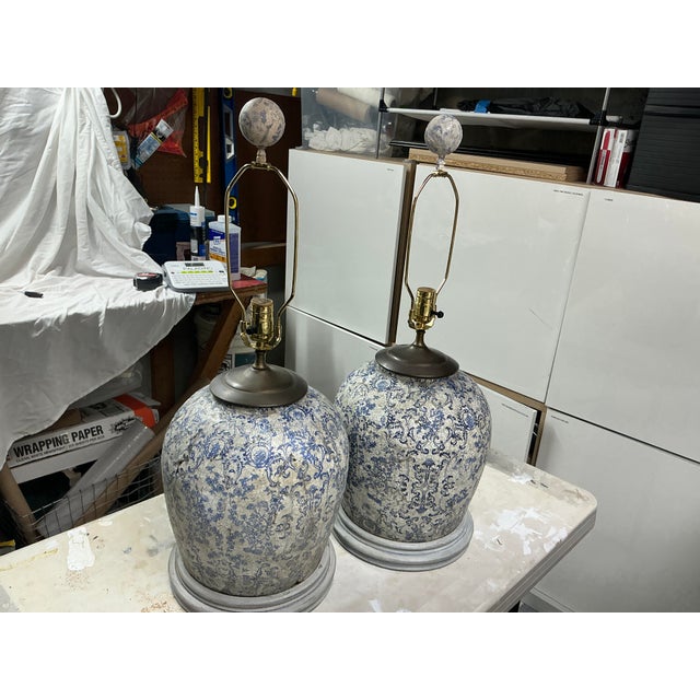 Blue 1990s Blue & White Chiniserie-Style Ceramic Table Lamps - a Pair For Sale - Image 8 of 11