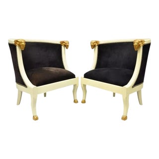 Early 20th Century Vintage Regency Neoclassical Style Ram's Head Hoof Feet Club Chairs - a Pair For Sale