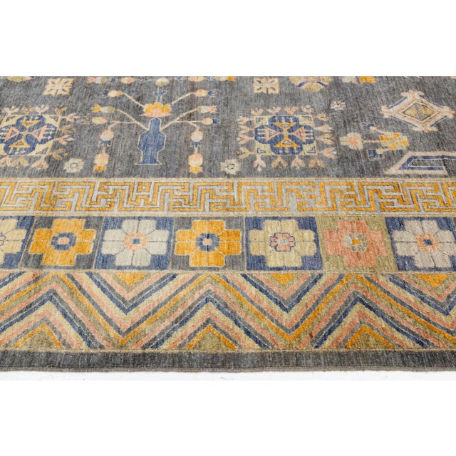 2020s 12x14 Modern Khotan Style Charcoal & Gold Handmade Wool Area Rug For Sale - Image 5 of 11