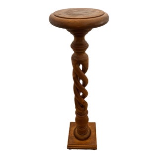 Vintage Plant Stand Tall Table Barley Twist Pedestal Column Round Top Walnut For Sale
