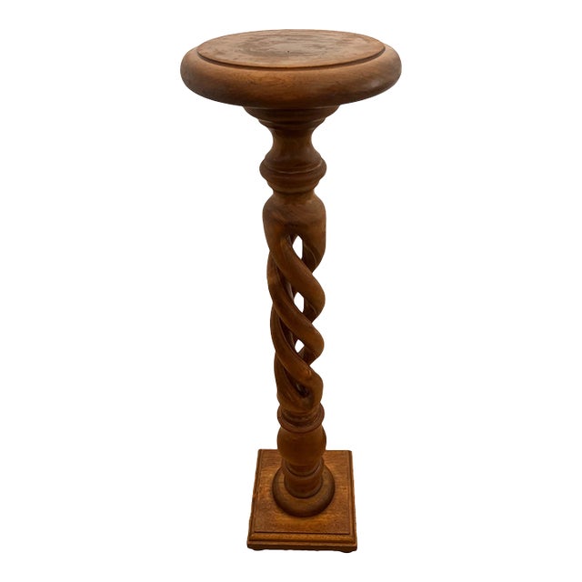Vintage Plant Stand Tall Table Barley Twist Pedestal Column Round Top Walnut For Sale