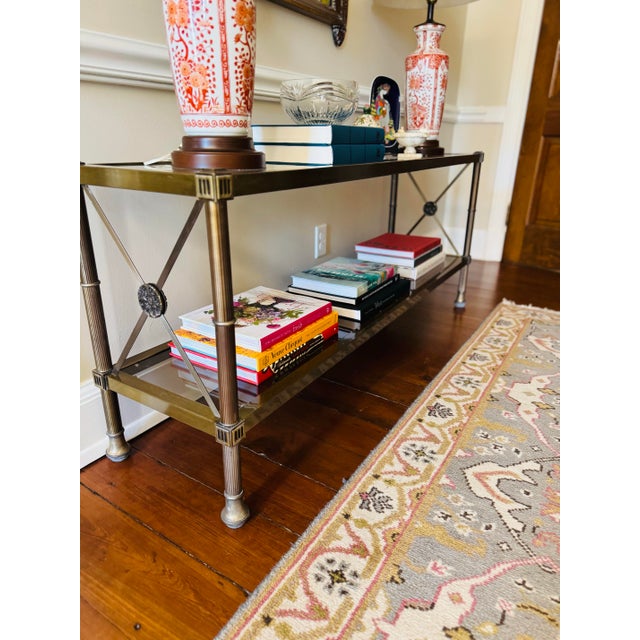 Metal Vintage Neo-Classical Aged Brass Two Tier Console Table For Sale - Image 7 of 12