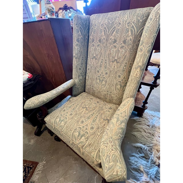 Early 20th Century Pair of William & Mary Style High Back Carved Chairs Newly Reupholstered For Sale - Image 4 of 6