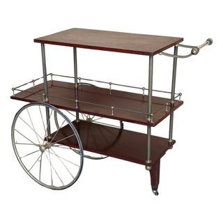 Mid-Century Mahogany Wood and Brass Italian Serving Bar Cart, 1960s. Three level For Sale