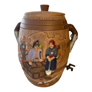 1970s Mid-Century Modern Ceramic Pirate Barrel Beverage Drink Dispenser