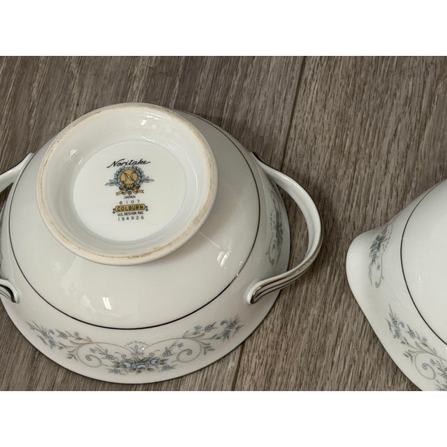 Metal 1960s Noritake “Colburn” Cream & Sugar Set – White, Silver & Blue Floral, Japan For Sale - Image 7 of 12