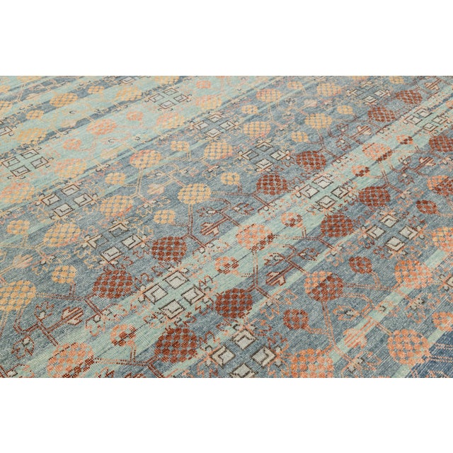 Modern Khotan Style Hand-Knotted Wool Area Rug Teal, Rust & Ochre Vintage Motif For Sale - Image 9 of 9