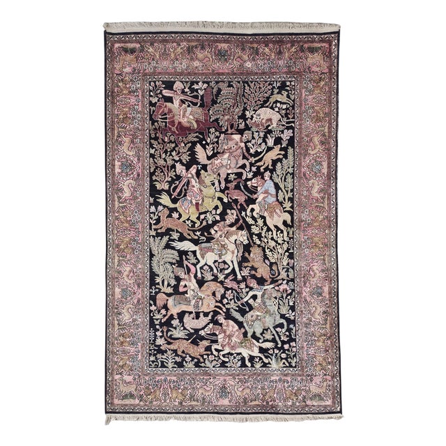 Silk and Cotton Qom Rug with Hunting Scene, 1950s For Sale