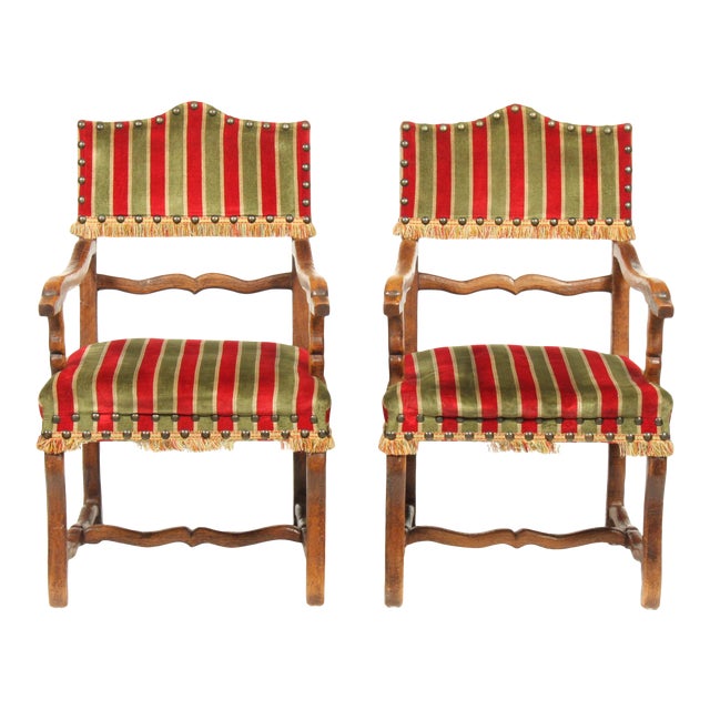 Pair of Antique Louis XIV Arm Chairs Featuring Silk Velvet Striped