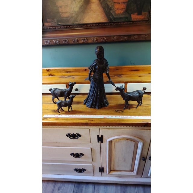 Antique Cast Bronze Woman Feeding Goats 4 Piece Art Deco Sculpture - Stunning For Sale - Image 9 of 9