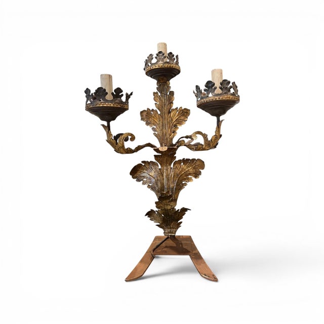 Mid 19th Century 19th Century Pair of 3 Arm Italian Candelabras in Gilded Tole For Sale - Image 5 of 7