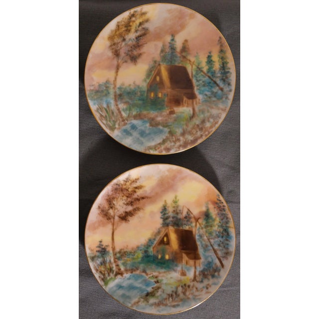 1900 - 1909 Circa 1900 American Impressionist Style Forest Cabin Landscape Motif Hand-Painted Porcelain Gilded Rim Appetizer Plates - Set of 6 For Sale - Image 5 of 9