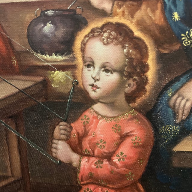 20th Century Oil on Canvas Cuzco School Signed Framed Titled Work and Prayer For Sale In Washington DC - Image 6 of 12