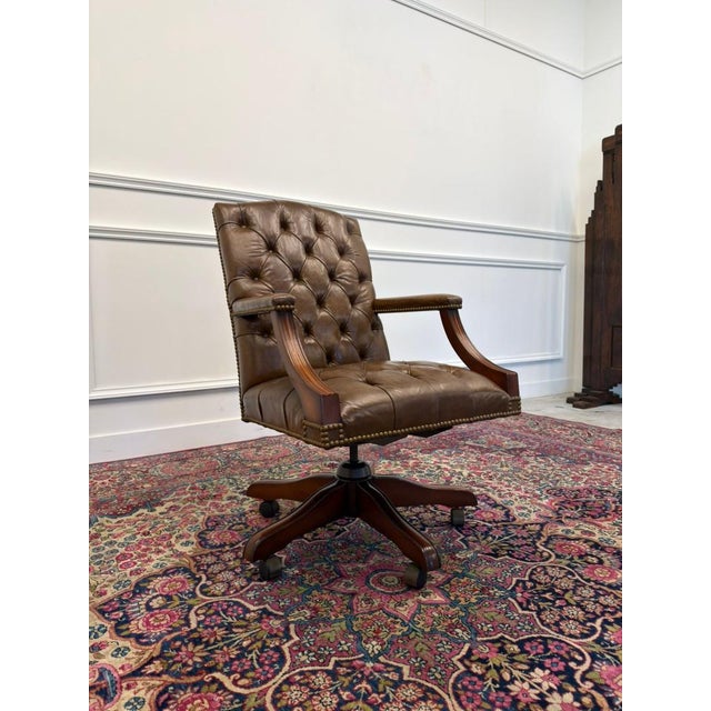 Wood English Chesterfield Office Chair in Brown For Sale - Image 7 of 8