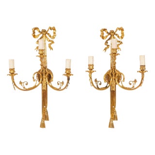 Antique 19th Century Ormolu 3-Branch Wall Lights Sconces, Set of 2 For Sale