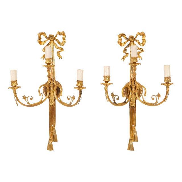 Antique 19th Century Ormolu 3-Branch Wall Lights Sconces, Set of 2 For Sale
