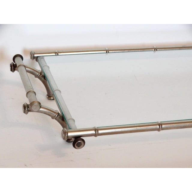 Mid-Century Modern Mid Century Modern Silver & Glass Faux Bamboo Serving Drinks Cocktail Tray For Sale - Image 3 of 12