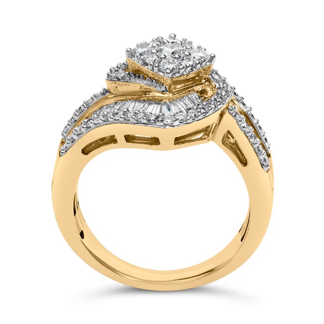 Early 21st Century 14K Yellow Gold 1.0 Cttw Baguette & Brilliant-Cut Diamond Round Floral Cluster Engagement Ring with Swirl Wrapped Triple Row Band - Size 6-3/4 For Sale - Image 5 of 7