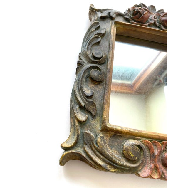 Glass Vintage Molded Resin Accent Mirror With Faux Carved Wood Flower Embellishments For Sale - Image 7 of 10