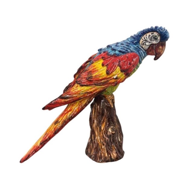 2000 - 2009 Vintage Italian Majolica Glazed Ceramic Parrot / Macaw Figurine on Tree Stump Base For Sale - Image 5 of 12