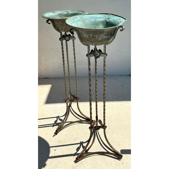 Verdigris Vintage Patinated Twisted Wrought Iron and Copper Plant Stands For Sale - Image 8 of 12