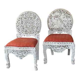 Late 19th Century Pair of Painted White Burmese Carved Side Chairs For Sale