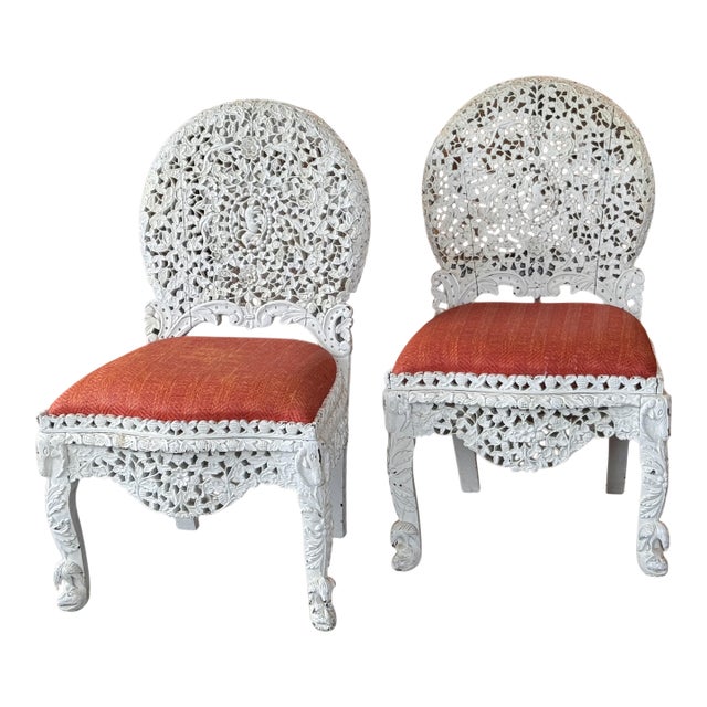 Late 19th Century Pair of Painted White Burmese Carved Side Chairs For Sale