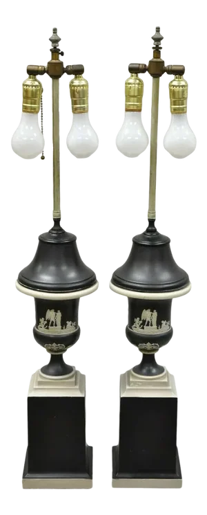 Antique Black and White Wedgwood Jasperware Urn Table Lamps - a Pair