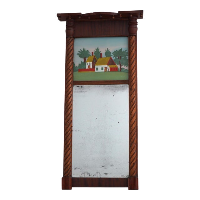 Antique 19th Century Reverse Painted Mahogany Wall Mirror For Sale