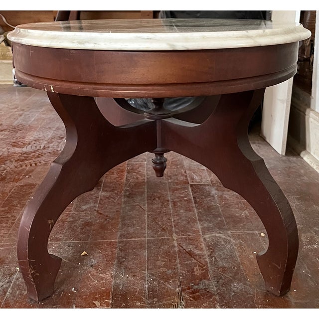 Mid 20th Century French Provincial Style Oval Marble-Top Coffee Table | Italian Marble | Carved Rose Appliqué | X-Stretcher Base For Sale In Houston - Image 6 of 12