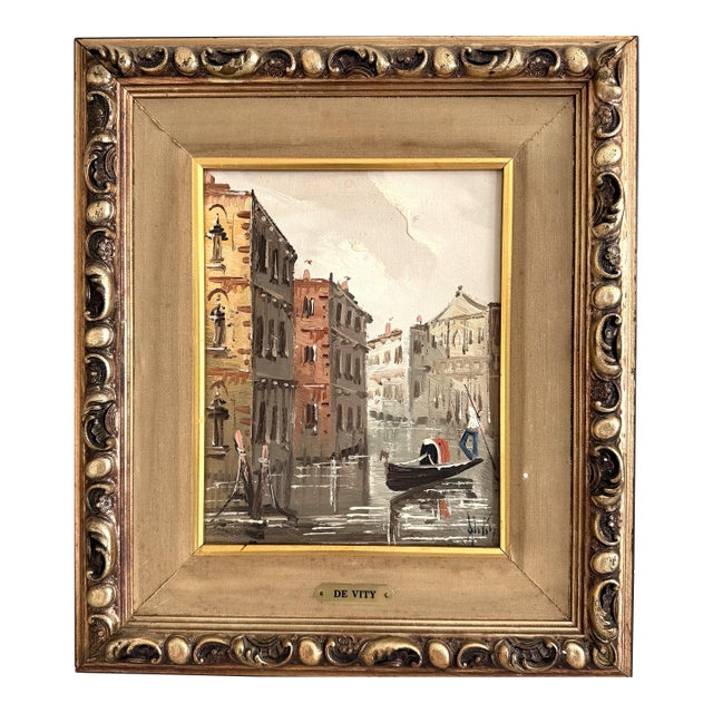 Mid 20th Century Antonio De Vity (1901-1993) Italian Oil Painting Venice Canal Gondola Cityscape For Sale