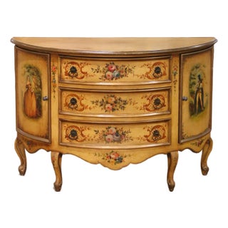Mid-Century Italian Painted Demi-Lune Commode With Floral and Figural Panel For Sale