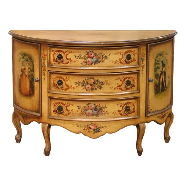 Mid-Century Italian Painted Demi-Lune Commode With Floral and Figural Panel For Sale